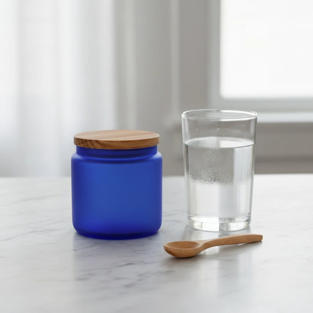 Glazen pot Endyn op een licht keukenblad naast een glas water en een houten lepel - ochtendroutine setting