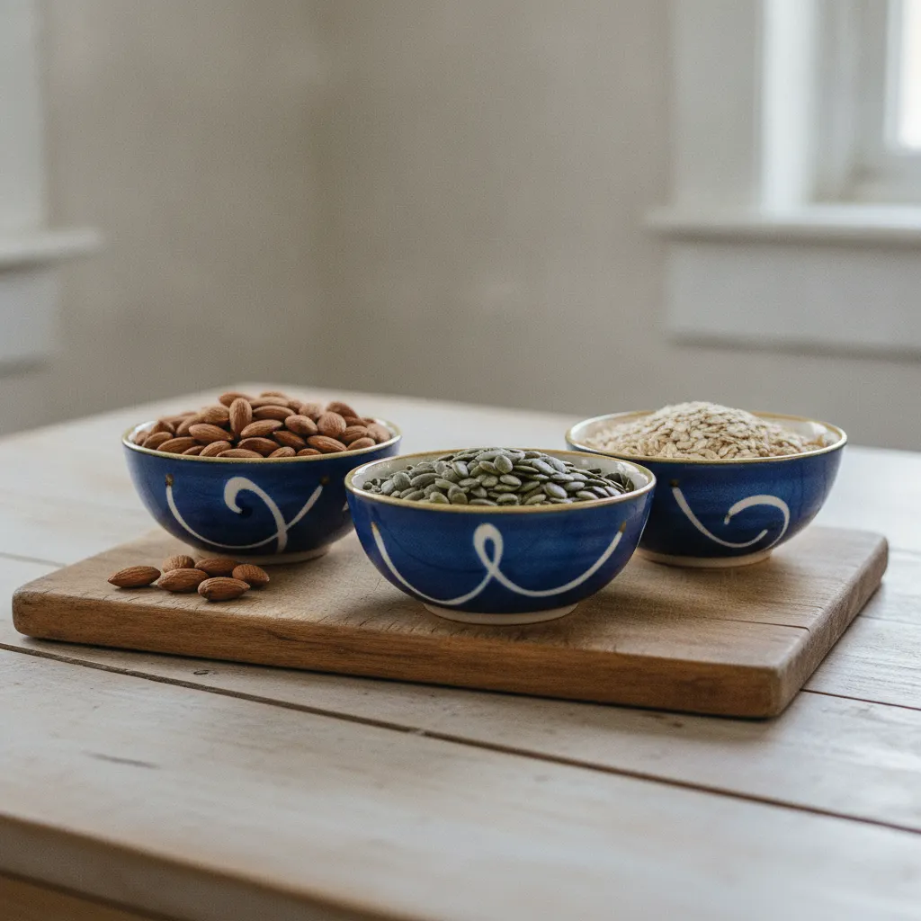 Amandelen, pompoenpitten en granen in keramische schaaltjes op een houten tafel
